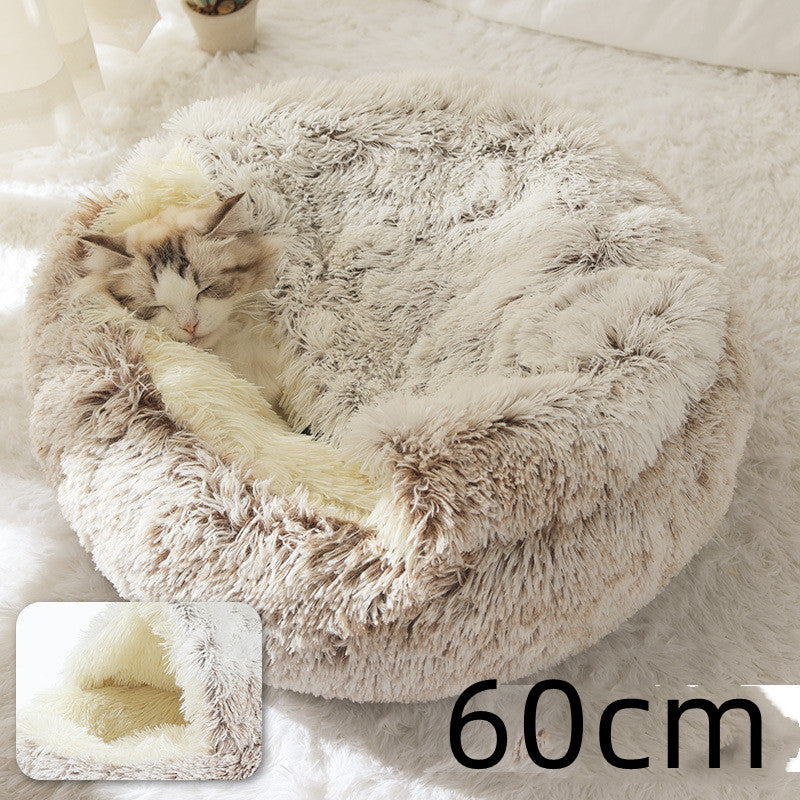 Lettino 2 in 1 per cani e gatti, letto invernale rotondo in peluche caldo, morbido letto in peluche lungo per animali domestici, prodotti per animali domestici