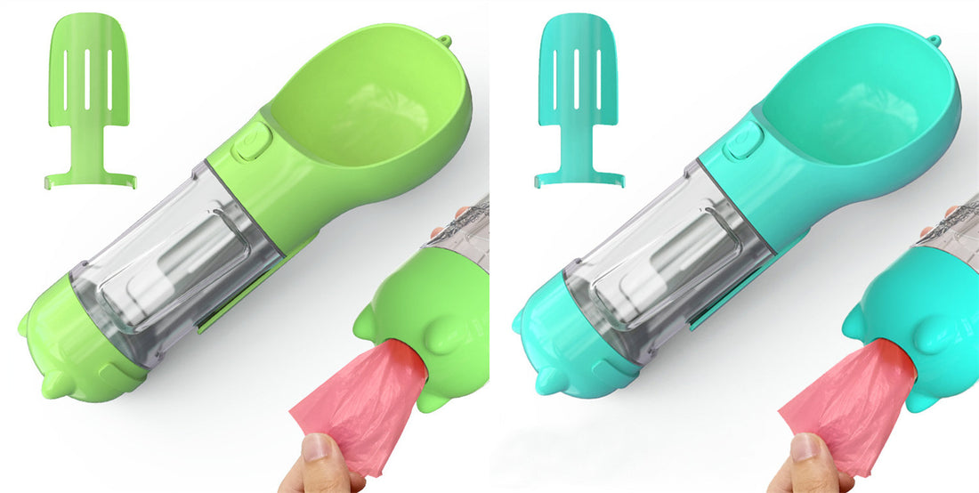 Borraccia Portatile 3 in 1 per Cani con Ciotola per Acqua, Dispenser di Sacchetti Igenici per Rifiuti e Borraccia per Animali Domestici, per Viaggi all'Aperto