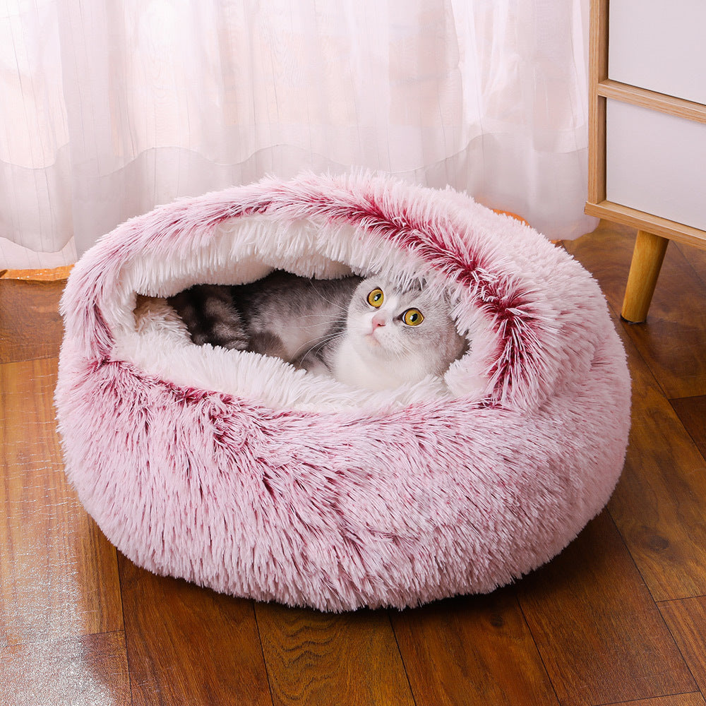 Cuccia rotonda in peluche semichiusa a doppio uso per animali domestici, a mezza confezione, per sonni profondi