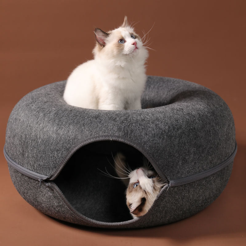 Nido per gatti utilizzabile in quattro stagioni, in feltro di lana rotondo, nido per animali domestici a doppio uso, tunnel per gatti, giocattolo interattivo per addestramento, nido per gatti in feltro grigio