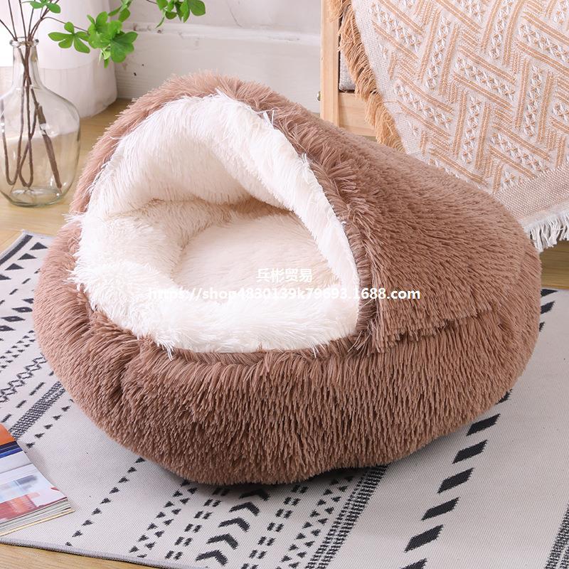Cuccia rotonda in peluche semichiusa a doppio uso per animali domestici, a mezza confezione, per sonni profondi