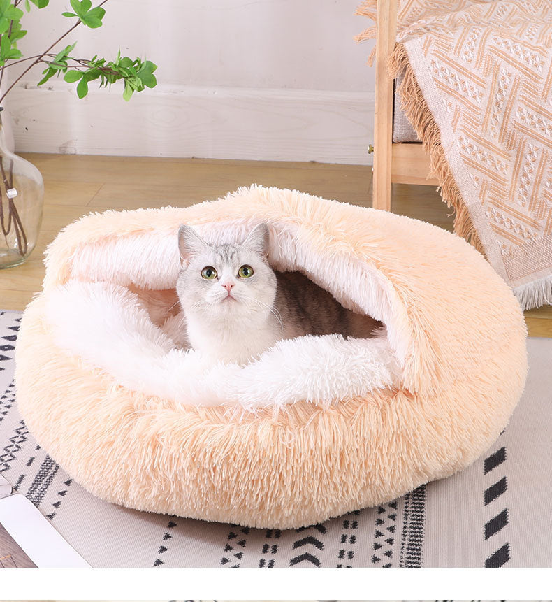 Cuccia rotonda in peluche semichiusa a doppio uso per animali domestici, a mezza confezione, per sonni profondi