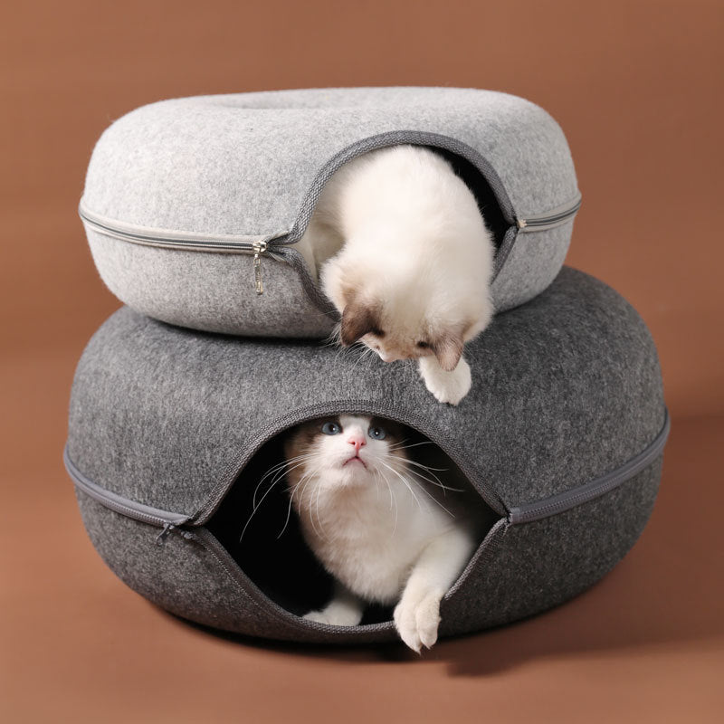 Nido per gatti utilizzabile in quattro stagioni, in feltro di lana rotondo, nido per animali domestici a doppio uso, tunnel per gatti, giocattolo interattivo per addestramento, nido per gatti in feltro grigio