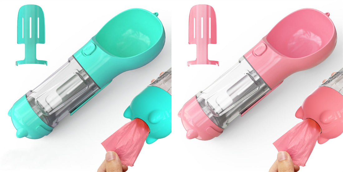 Borraccia Portatile 3 in 1 per Cani con Ciotola per Acqua, Dispenser di Sacchetti Igenici per Rifiuti e Borraccia per Animali Domestici, per Viaggi all'Aperto