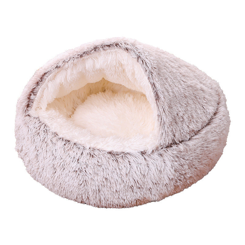 Cuccia rotonda in peluche semichiusa a doppio uso per animali domestici, a mezza confezione, per sonni profondi
