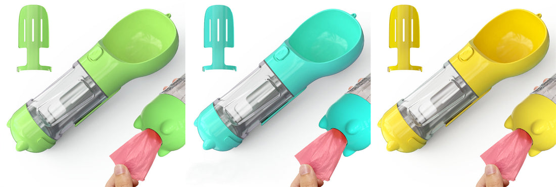 Borraccia Portatile 3 in 1 per Cani con Ciotola per Acqua, Dispenser di Sacchetti Igenici per Rifiuti e Borraccia per Animali Domestici, per Viaggi all'Aperto