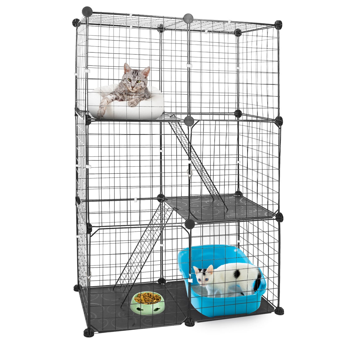 Gabbia per gatti a 3 livelli, recinto per gatti in metallo, casa per gattini staccabile, con 3 porte, 2 scalette, ampio spazio per l'esercizio per 1-2 gatti, nero