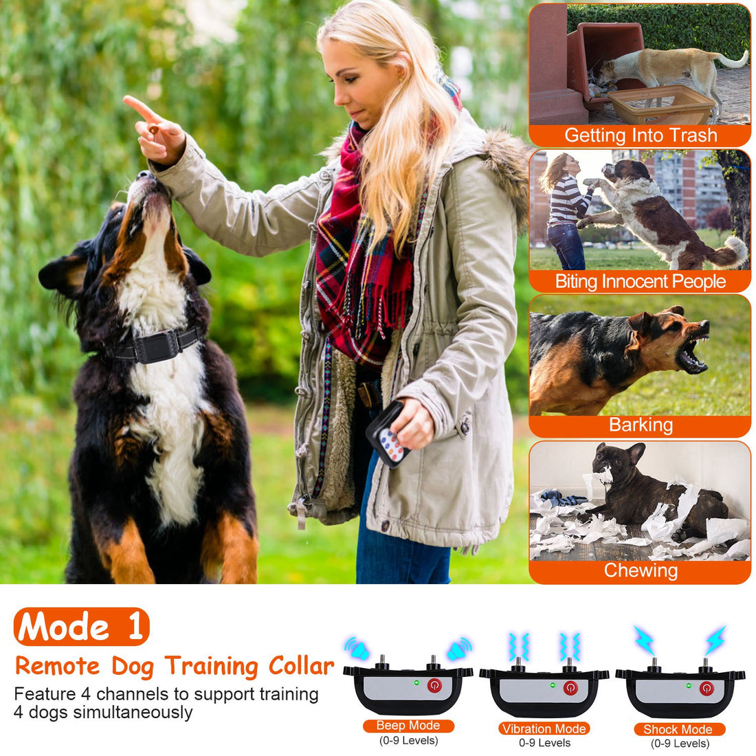 1 Set di Collare Addestramento Remoto per Cane con Recinto Wireless da 300 Metri, Ricevitore Impermeabile IPX6 con Modalità Bip Vibrazione Scossa da 0-9 Livelli, Sistema Trasmettitore Ricaricabile a 4 Canali