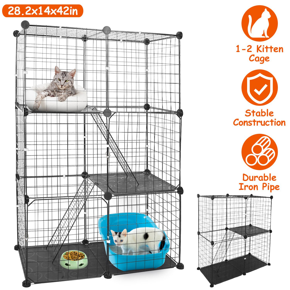 Gabbia per gatti a 3 livelli, recinto per gatti in metallo, casa per gattini staccabile, con 3 porte, 2 scalette, ampio spazio per l'esercizio per 1-2 gatti, nero