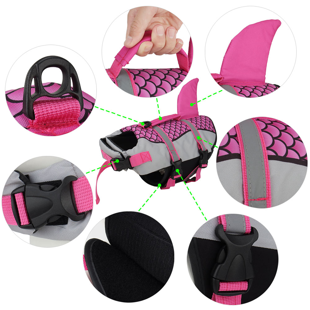 Giacca di salvataggio per cani da nuoto, gilet, vestiti, giubbotto di salvataggio, collare, pettorina, animali domestici, nuoto, costumi da bagno estivi, squame di squalo, prodotti per animali domestici