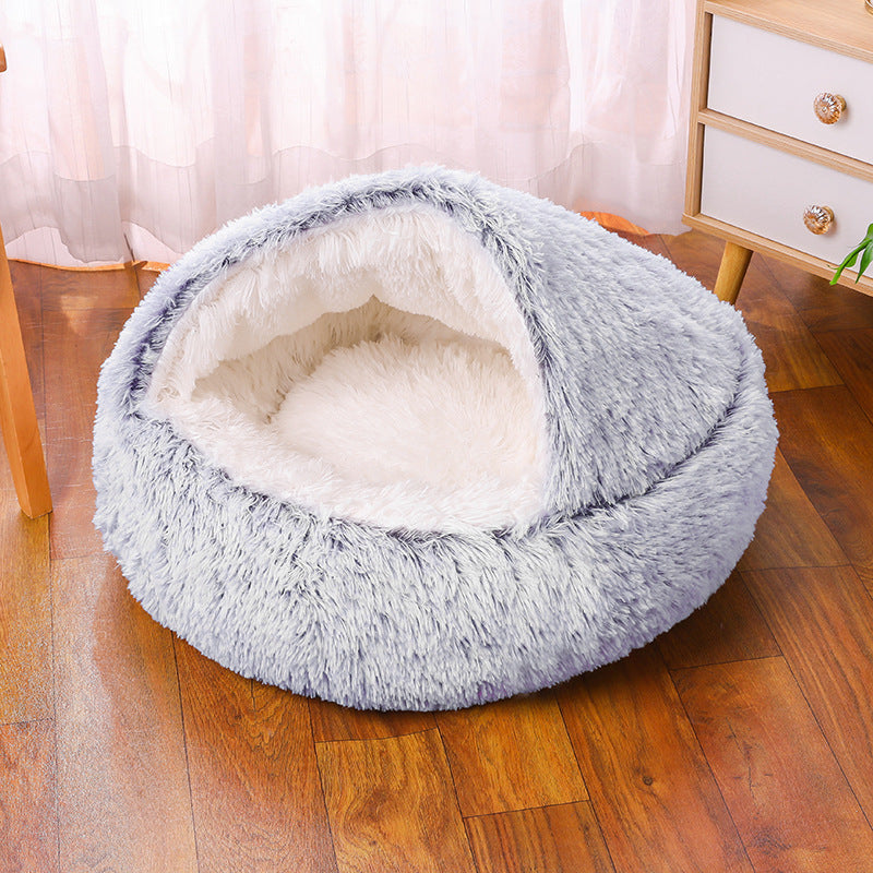 Cuccia rotonda in peluche semichiusa a doppio uso per animali domestici, a mezza confezione, per sonni profondi