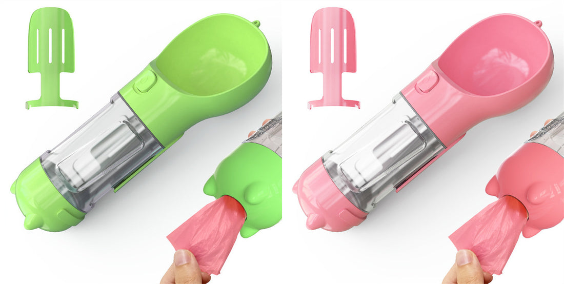 Borraccia Portatile 3 in 1 per Cani con Ciotola per Acqua, Dispenser di Sacchetti Igenici per Rifiuti e Borraccia per Animali Domestici, per Viaggi all'Aperto