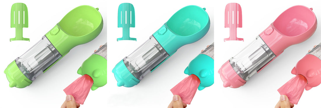 Borraccia Portatile 3 in 1 per Cani con Ciotola per Acqua, Dispenser di Sacchetti Igenici per Rifiuti e Borraccia per Animali Domestici, per Viaggi all'Aperto