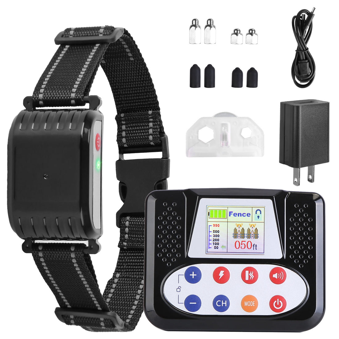 1 Set di Collare Addestramento Remoto per Cane con Recinto Wireless da 300 Metri, Ricevitore Impermeabile IPX6 con Modalità Bip Vibrazione Scossa da 0-9 Livelli, Sistema Trasmettitore Ricaricabile a 4 Canali