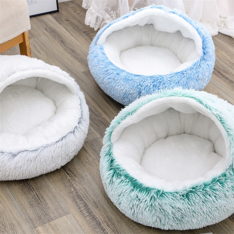 Cuccia rotonda in peluche semichiusa a doppio uso per animali domestici, a mezza confezione, per sonni profondi