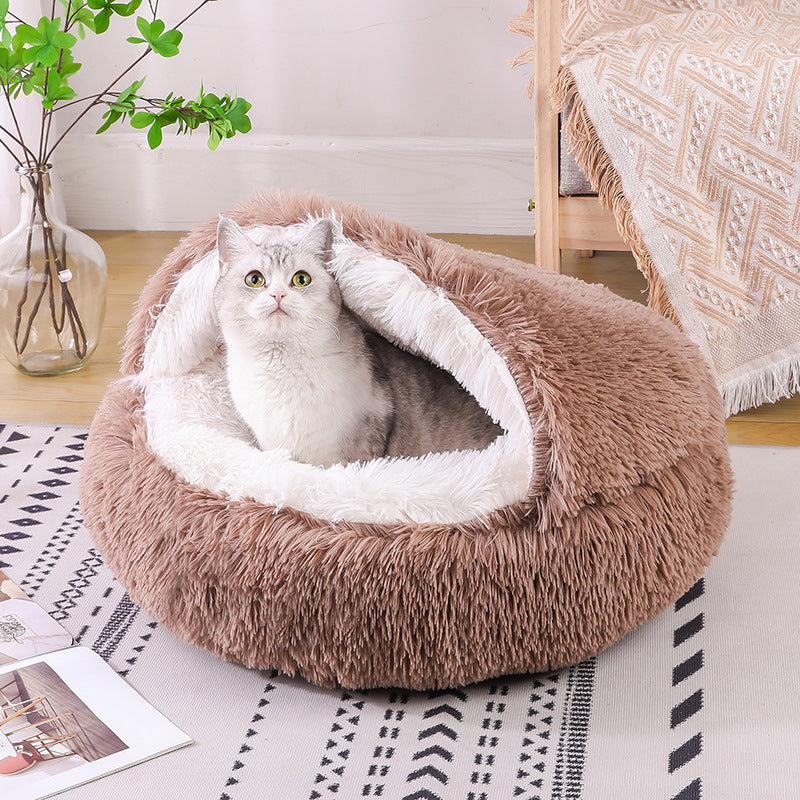 Cuccia rotonda in peluche semichiusa a doppio uso per animali domestici, a mezza confezione, per sonni profondi