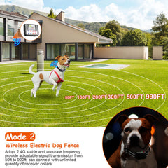 1Set 990FT Range Dog Wireless Fence Remote Training Collar IPX6 Waterproof Receiver With 0-9 Levels Beep Vibration Shock Mode 4 Channels Rechargeable Transmitter System