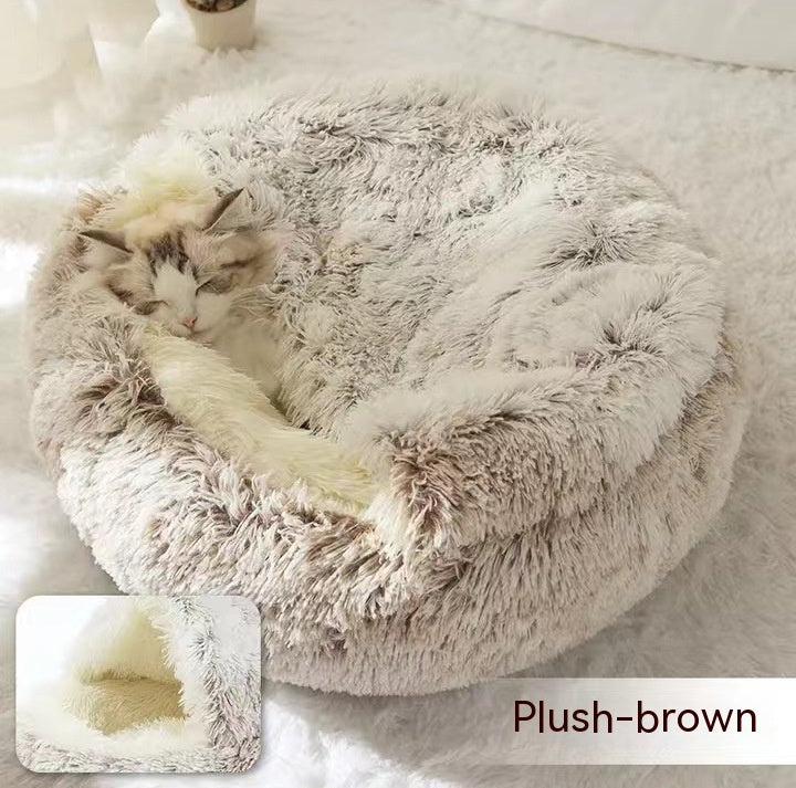 Lettino 2 in 1 per cani e gatti, letto invernale rotondo in peluche caldo, morbido letto in peluche lungo per animali domestici, prodotti per animali domestici