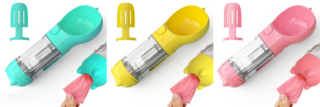 Borraccia Portatile 3 in 1 per Cani con Ciotola per Acqua, Dispenser di Sacchetti Igenici per Rifiuti e Borraccia per Animali Domestici, per Viaggi all'Aperto